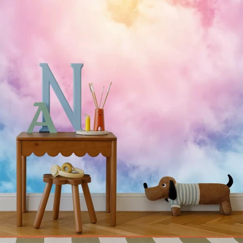 Fotobehang Roze en blauwe wolken met lichtstralen