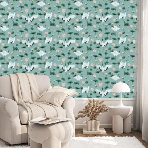 Behang Retro kraanvogels en lotusbloemen