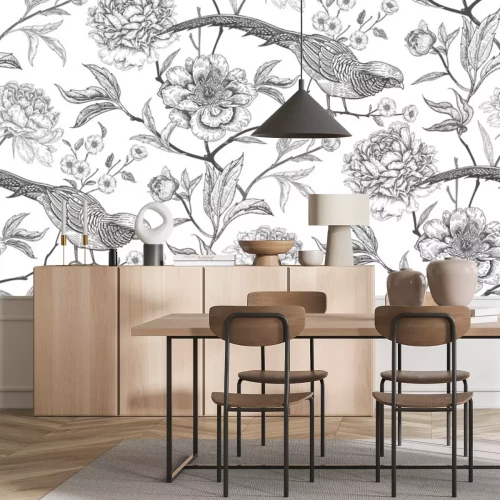 Sticker Tweekleurige afbeeldingen met vogels op bloemen