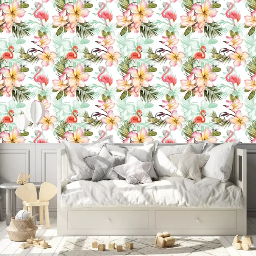 Behang Oranje flamingo's en bloemen