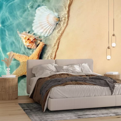 Sticker zeester en zeeschelp op het strand van de zomer in zeewater.