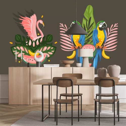 Sticker Hand getrokken vector abstracte cartoon zomertijd grafische decoratie illustraties teken verzameling instellen met exotische tropische regenwoud roze flamingo en Parrot Macaw vogels geïsoleerd op zwar