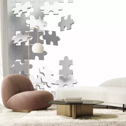 Sticker 3d halve constructie van witte puzzelstukjes