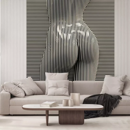 Sticker 3D naakt kunstwerk met zwarte en witte strepen