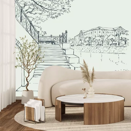 Sticker Vector stadsgezicht. Een oude stenen kade. Stappen om het steegje