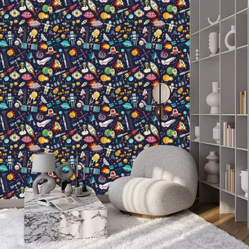 Behang Cosmos vector background. Cartoon seamless background. Seamless pattern with cartoon space rockets, cosmonaut, planets, stars.