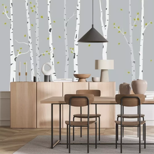 Fotobehang Berkenbomen op een grijze achtergrondillustratie