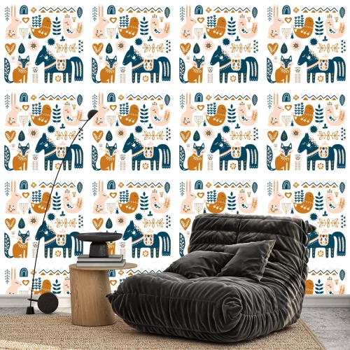 Behang Skandinavisch babyvospaard met vogels en konijntjes