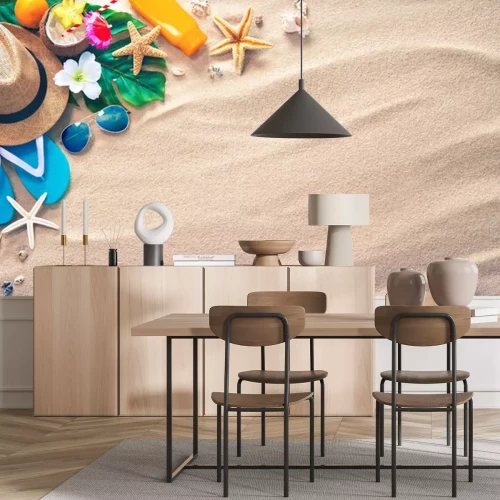 Sticker Strohoed met een exotische cocktail en zonnebril op zandstrand