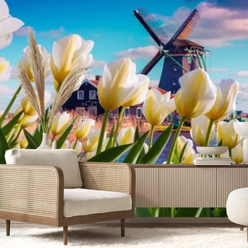 Fotobehang Witte tulpen tegen de achtergrond van een molen