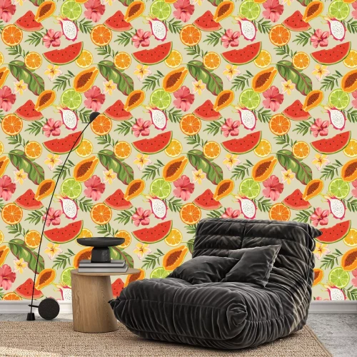 Behang Tropisch fruit met bloemen en bladeren