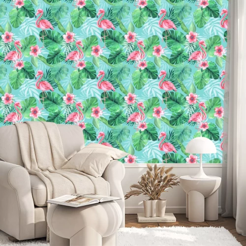 Behang Flamingo's bloemen en bladeren