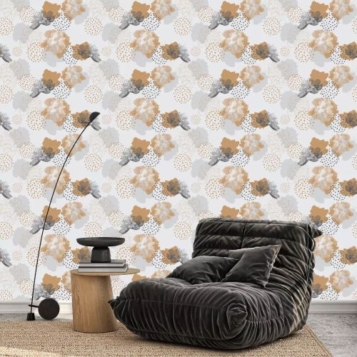 Behang Modern bloemenpatroon in een halftone stijl. Naadloos vectorornament met bloemen en geometrische vormen. Pioenrozen op een grijze achtergrond