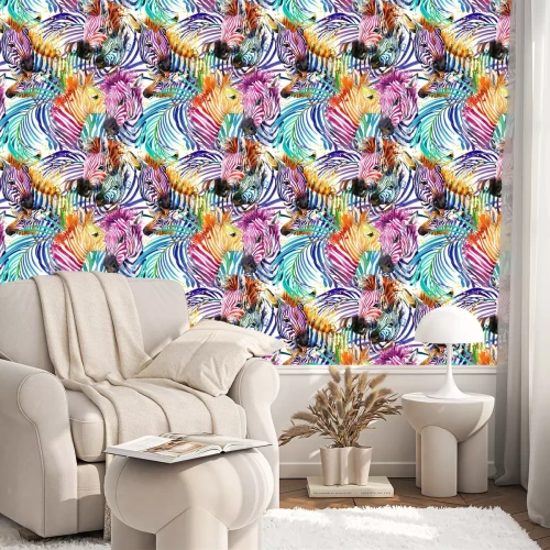 Behang Aquarel veelkleurige zebra's