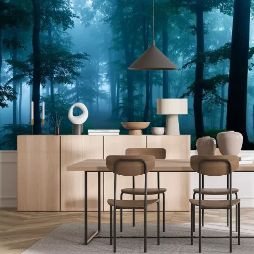 Fotobehang Donker bos in blauwe tinten