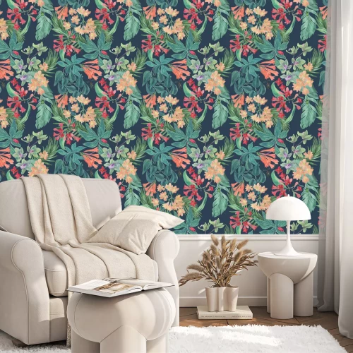 Behang Tropisch bladeren- en bloemenpatroon