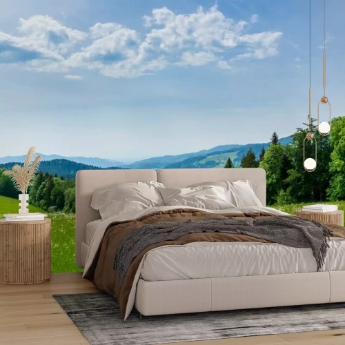 Fotobehang Weide en uitzicht op de bergen