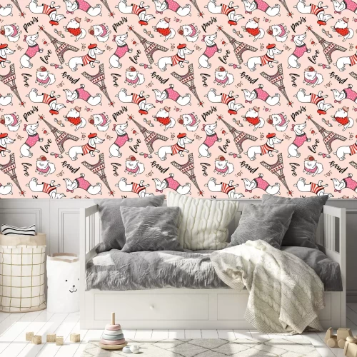 Behang Franse stijl hond naadloze patroon op roze achtergrond. Leuke cartoon Parijse teckel en Eiffel toren vectorillustratie. Franse stijl geklede hond met rode baret.