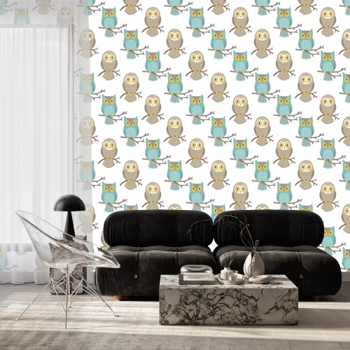 Behang Blauwe uilen voor jongens