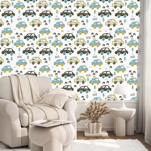 Behang Patroon met auto's. Hand getrokken auto's op de weg. Ontwerp in Scandinavische stijl. Decoratieve abstracte kunst.