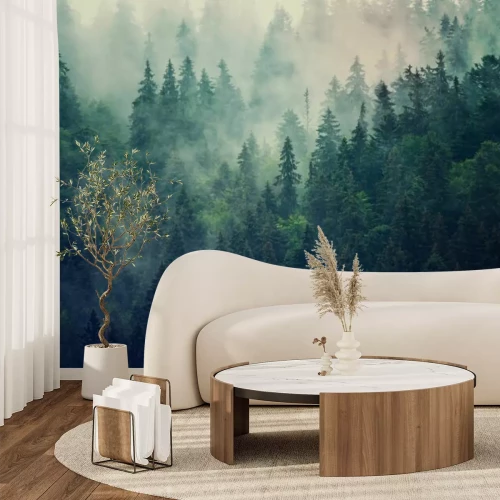 Fotobehang Mistig landschap met een sparrenbos in retrostijl