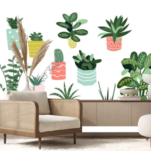 Sticker potplantencollectie. vetplanten en kamerplanten. hand getrokken vector kunst. Set van huis binnen vector cartoon doodle.