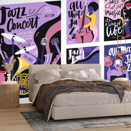 Sticker Bundel van poster, uitnodiging en flyer sjablonen voor jazz muziekfestival, concert, feest met muziekinstrumenten, muzikanten en zangers. Vectorillustratie in moderne trendy hand getrokken cartoon sti