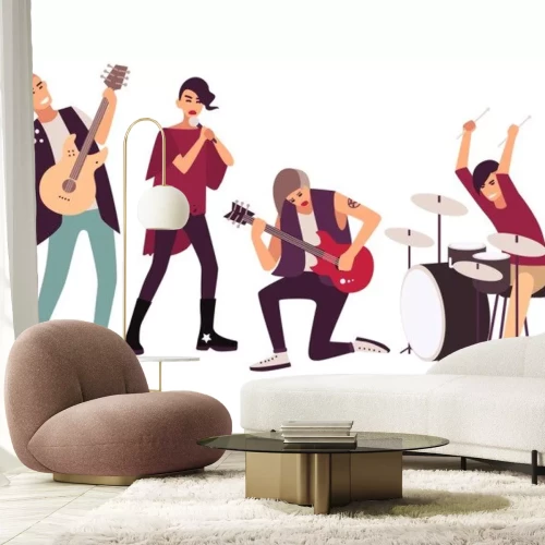 Sticker Punkrockband die op stadium presteert. Groep jonge tienermannen en vrouwen met mohawks die en muziek zingen zingen tijdens overleg op witte achtergrond wordt geïsoleerd. Platte cartoon vectorillustrat