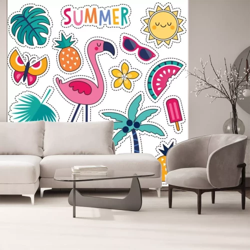 Sticker Cartoon stijl vector zomer patches met schattige roze flamingo, tropische bladeren en bloemen, zomer fruit en ijslolly. Geïsoleerd op wit, voor stickers, spelden, kentekens, borduurwerk, tijdelijke ta