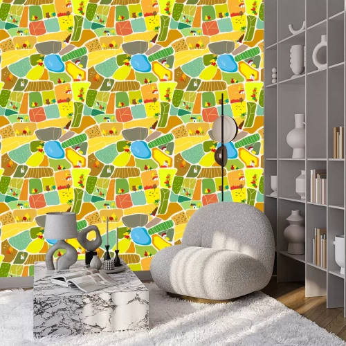 Behang Herfst landschap naadloze patroon met huizen, bomen en meer, toerisme kaart. Vector grafische illustratie