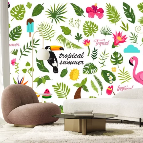 Sticker cartoon set van platte zomer decor elementen. tropisch ontwerp. vectorillustratie