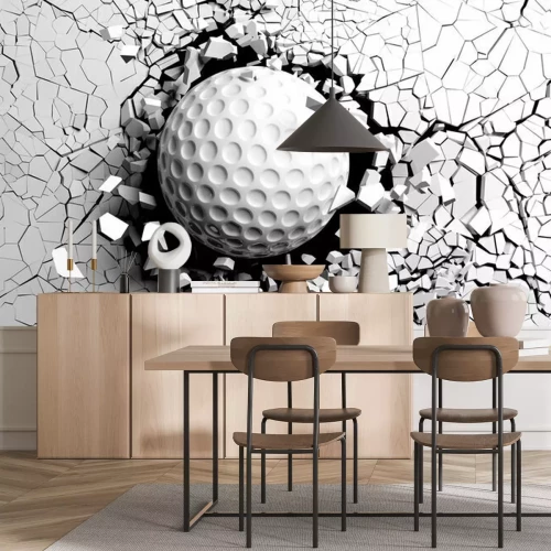 Sticker Golfbal die geforceerd door een witte muur breken. 3D illustratie.