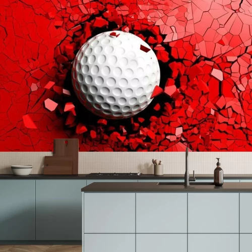 Sticker Golfbal die geforceerd door een rode muur breken. 3D illustratie.