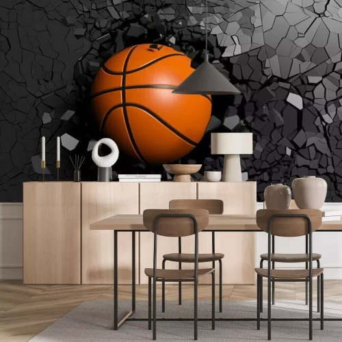 Fotobehang Oranje 3D bal op zwarte muurachtergrond