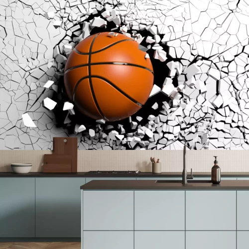 Fotobehang 3d basketbalbal die de muur breekt