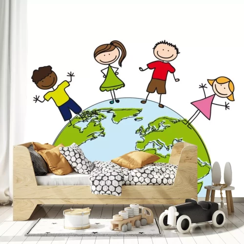 Sticker Vier kinderen die zich op de aardebol bevinden