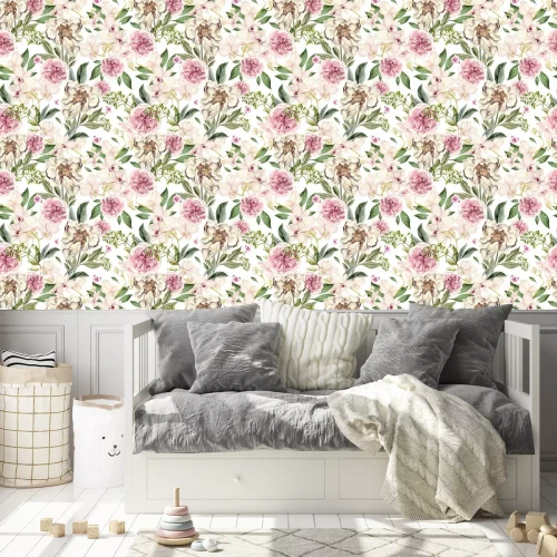 Behang Aquarelpatroon met pioenrozen en orchideeën