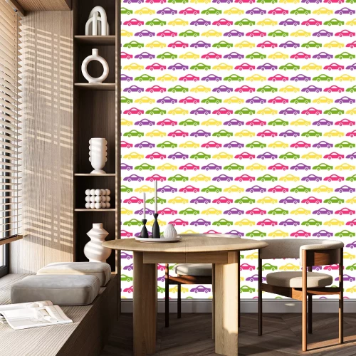 Behang Doodle auto's achtergrond. Naadloze babyjongen patroon in vector. Textuur voor behang, vullingen, webpagina-achtergrond.