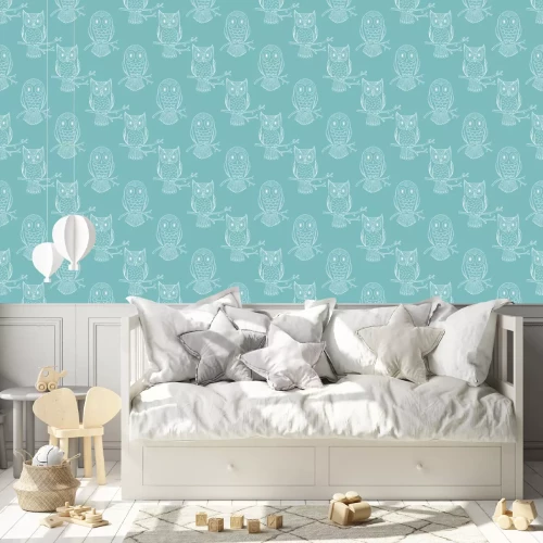 Behang Witte contouren van uilen op een blauwe achtergrond