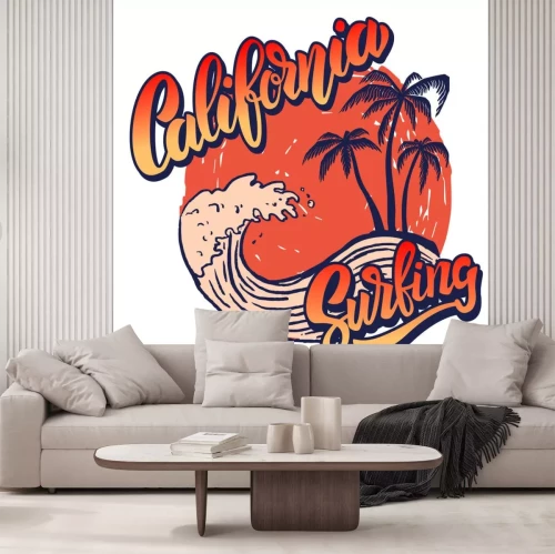Sticker California surf rijder. Poster sjabloon met belettering en palmen.