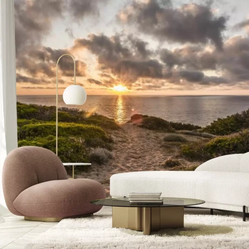 Fotobehang Zonsondergang op een schilderachtig strand, zee, duinen, landschap