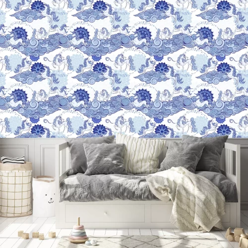 Behang Eenhoorn en wolk en mandala ontwerp voor fantasie Porselein blauwe en witte Toon met witte achtergrond naadloze patroon patroon vector