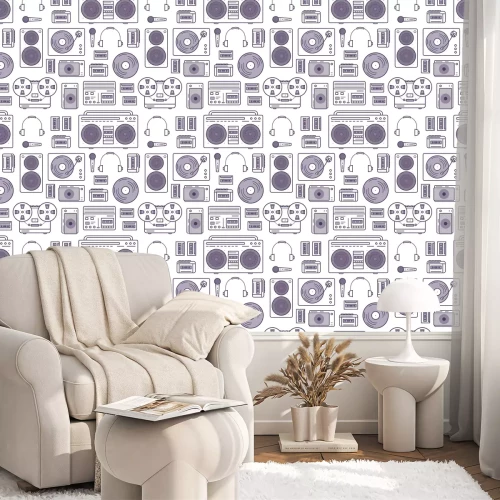 Behang Naadloos patroon met retro muziekapparaten die met contourlijnen worden getrokken op witte achtergrond - cassetterecorder, boombox, draaischijf, hoofdtelefoons, microfoon. Platte cartoon vectorillustr