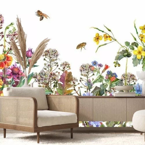 Fotobehang Naadloze rand. Grens met kruiden en wilde bloemen, bladeren. Botanische kleurrijke illustratie op witte achtergrond. De samenstelling van de zomer met bijen. Aquarel tekening.