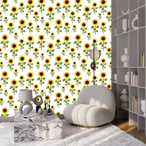 Behang Naadloze patroon zonnebloemen cartoon geïsoleerd op een witte achtergrond. Zomer vlakke stijl vectorillustratie landbouw