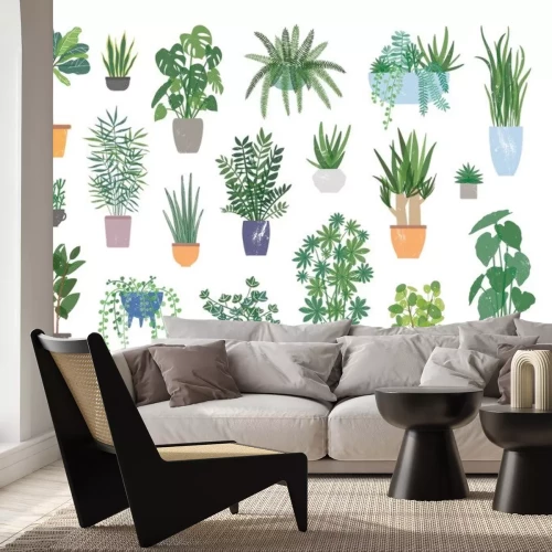 Sticker Inzameling van decoratieve die houseplants op witte achtergrond wordt geïsoleerd. Bundel van trendy planten die groeien in potten of plantenbakken. Set van prachtige natuurlijke huisdecoraties. Vlakke