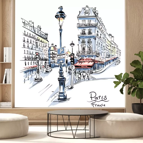 Sticker Vector hand tekenen. De straat van Parijs met traditionele huizen en lantaarns, Parijs, Frankrijk.