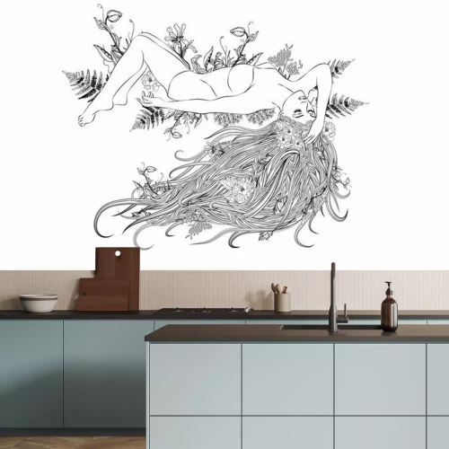 Sticker Jonge vrouw met lang haar en bloemenkroon met hartbladeren