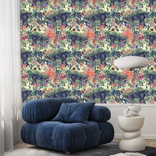 Behang Naadloze hand getrokken waterverfklomp met panter, bladeren, bloemen, veren.