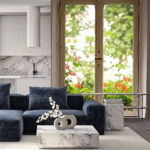 Fotobehang Raam naar de tuin